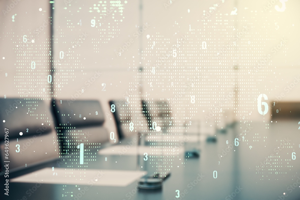 Fototapete double exposure of abstract programming language hologram and world map on a modern meeting room bac