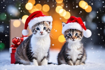 Fototapeta na wymiar Süße kleine Katzen mit Weihnachtsmützen sitzen mit Geschenkkartons im Freien im Schnee.