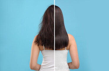 Photo of woman divided into halves before and after hair treatment on light blue background, back...