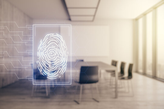 Abstract virtual fingerprint illustration on a modern coworking room background, personal biometric data concept. Multiexposure