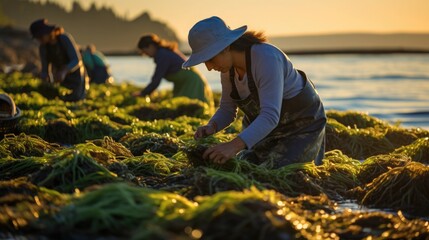 Sustainable seaweed farming practices with a photo of farmers tending to seaweed crops in an eco-friendly ocean garden - obrazy, fototapety, plakaty