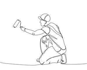 Painter paints a wall with a roller, worker in uniform one line art. Continuous line drawing of repair, professional, people, concept, support, maintenance.