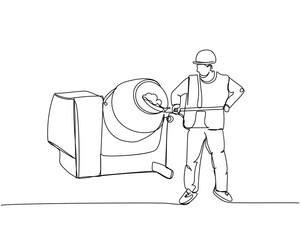 Builder in work uniform and hard hat picking up concrete from a concrete mixer one line art. Continuous line drawing of repair, hand, people, concept, support, maintenance.