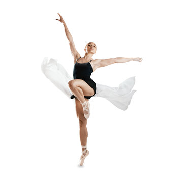 Fototapeta Creativity, ballet and woman doing classical dance for concert, performance or theater training. Art, moving and flexible female ballerina practicing posture isolated by transparent png background.