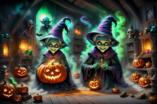 halloween two witches with pumpkins, AI