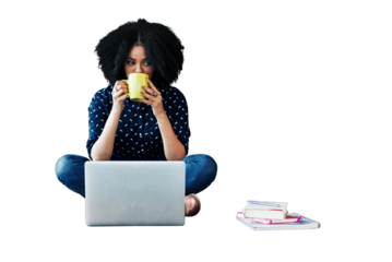Woman thinking, coffee cup and computer for planning, online education and university research. African student on laptop, drinking tea and studying with ideas isolated on transparent, png background