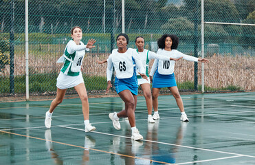 Sports, netball team and portrait of women training in competition, game or match. Fitness, group...