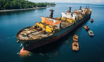 Old rusty ship in a water canal.