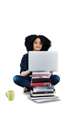 Woman student, laptop and books for college research, online education and university scholarship...