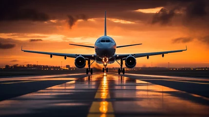 Fotobehang Takeoff or landing of a modern airliner against the background of the blue sky at the runway and lights of a modern airport. Travel and transportation concept © Irina Sharnina