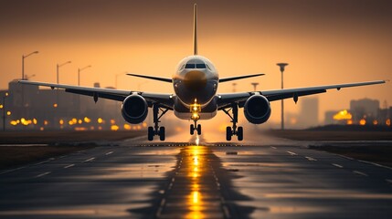 Takeoff or landing of a modern airliner against the background of the blue sky at the runway and lights of a modern airport. Travel and transportation concept - obrazy, fototapety, plakaty