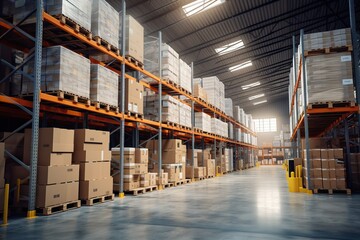 A retail warehouse full of shelves with goods in cartons, with pallets and forklifts. Logistics and transportation blurred background