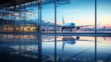 A fleet of aircraft is parked on the taxiway of the international airport runway. View of the terminal's panoramic window. Air freight background