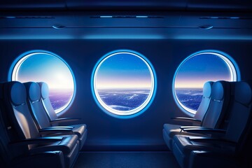 Empty aircraft seats and light shine porthole windows realistic photo