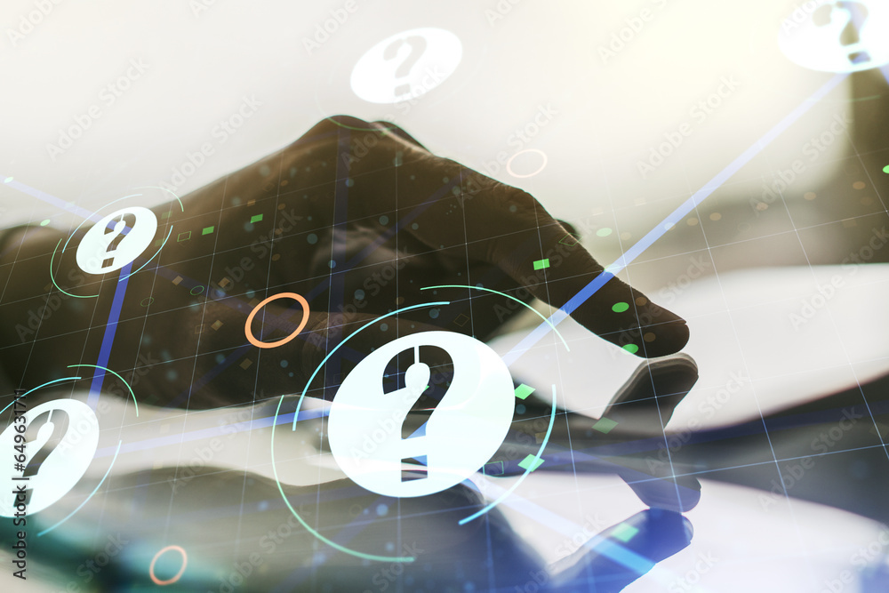 Aufkleber creative abstract question mark sketch and hand working with a digital tablet on background, faq and