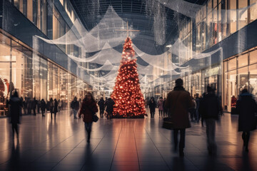 Shopping mall with stores, Christmas tree with decoration and crowd of people looking for present...