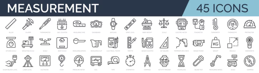 Fotobehang Set of 45 outline icons related to measurement equipment and tools. Linear icon collection. Editable stroke. Vector illustration © SkyLine
