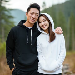 Fototapeta premium Illustration of a fashioncouple portrait with plain hoodie mockup, AI Generated