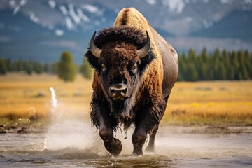 Bison in Yellowstone National Park in Wyoming in the United States of America, american bison, AI Generated - obrazy, fototapety, plakaty