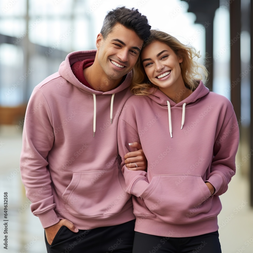 Poster Illustration of a fashioncouple  portrait with plain hoodie mockup, AI Generated