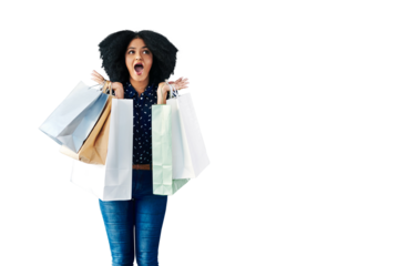 Woman, winner wow and shopping bag for discount, sale or excited, winning and retail giveaway. African person or customer with commerce surprise, bonus or gift isolated on transparent png background