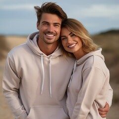 Obraz premium Illustration of a fashioncouple portrait with plain hoodie mockup, AI Generated