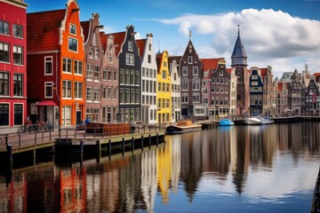 Fototapeta na wymiar Canals of Amsterdam. Holland. Holland. Netherlands. Europe. Amsterdam Netherlands dancing houses over river Amstel landmark, AI Generated