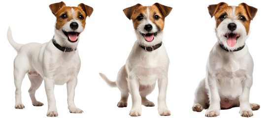 Jack Russell terrier dog collection (standing, sitting), animal bundle isolated on a white background as transparent PNG - obrazy, fototapety, plakaty