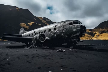  Abandoned military airplane in the desert. 3D Rendering, An abandoned airplane rests solemnly on a desolate black sand beach, AI Generated © Iftikhar alam