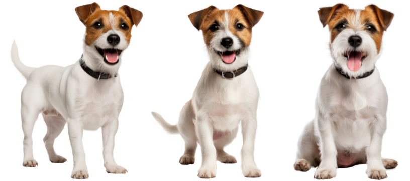 Jack Russell terrier dog collection (standing, sitting), animal bundle isolated on a white background as transparent PNG