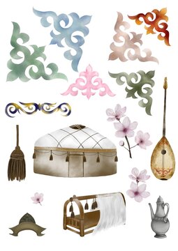 Set of illustration isolates in cartoon style hand drawn items of nomads of Central Asia and Kazakhstan. Yurt cradle besik dombyra Kazakh national patterns spring flowers and Nauryz.