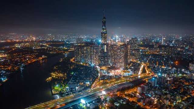 Aerial cityscape view of HoChiMinh city and the River Saigon, Vietnam with blue sky. Financial and business centers in developed Vietnam.