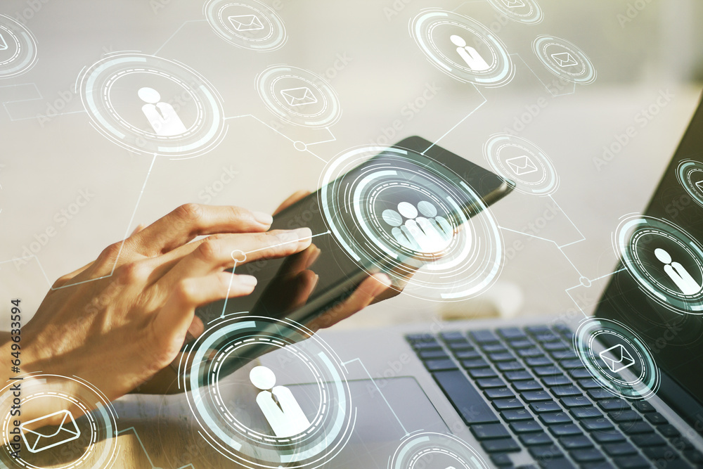 Poster social network media concept with finger presses on a digital tablet on background. double exposure