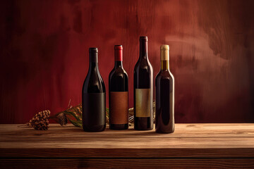 Vintage wine bottle with an elegant label displayed on a wooden table on a red background.