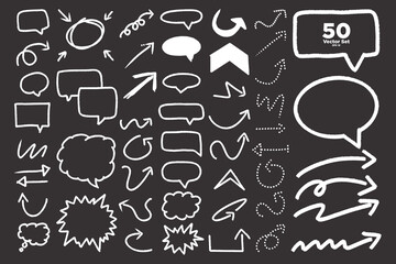 Collection of white grunge hand drawn arrows and speech bubbles isolated on black background. Vector Illustration. 