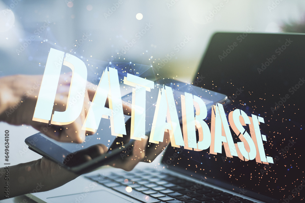 Aufkleber double exposure of database word sign with finger clicks on a digital tablet on background, global r