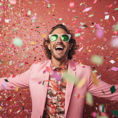 A happy person wearing a pink pastel jacket and sunglasses celebrates with a shower of confetti, bringing joy and energy to the birthday or new year celebration