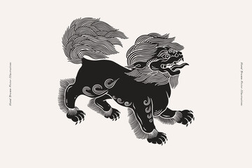 Black sky lion on a light isolated background. Traditional mythical animal of Chinese and Tibetan culture. Linocut style vector illustration. - 649635119