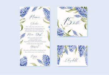 Watercolor floral wedding menu, table and escort cards with blue hyacinth flowers. vector template
