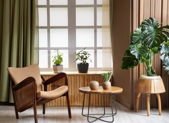 Obraz premium chair and round wooden coffee table against window near paneling wall. AI Generated.