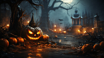 Halloween Pumpkins On Wood In A Spooky Forest At Night, Halloween Backdrop