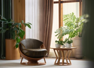 chair and round wooden coffee table against window near paneling wall. AI Generated.