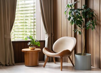 Fototapeta premium chair and round wooden coffee table against window near paneling wall. AI Generated.