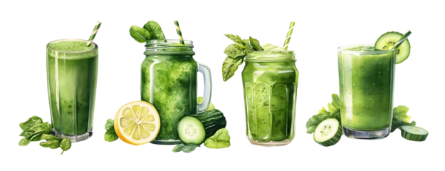  Detox green smoothie set. Healthy green juices. Watercolor illustration  © vik.stock