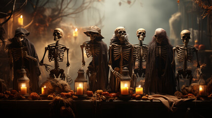 Halloween Party Skeletons With Wooden Banner In Spooky Nights - obrazy, fototapety, plakaty