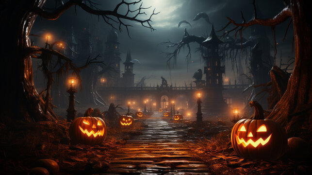 Halloween Pumpkins On Wood In A Spooky Forest At Night, Halloween Backdrop