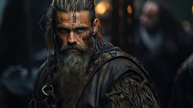 Handsome  bearded viking man with long gray beard and moustache.