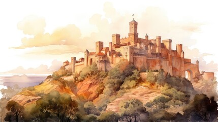 Ancient castle on a hill watercolor illustration - Generative AI.