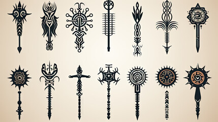 Set of viking swords design elements. Collection of tattoo elements. Vector illustration.