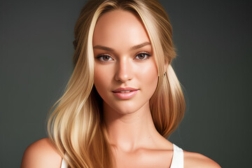 a young blonde European woman with long hair is wearing in a white shirt with long sleeves smiling against a uniform background. portrait, Generative AI